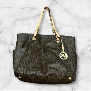 Michael Kors Brown MK Logo Tote | Tan Leather Straps | Large Shoulder Bag